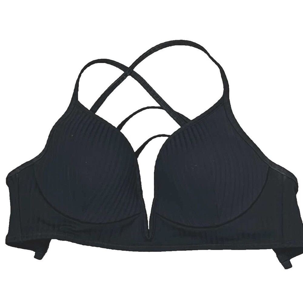 Shade & Shore Black Plunge Multi Strap Bikini Top Push Up Underwire Padded 34 C